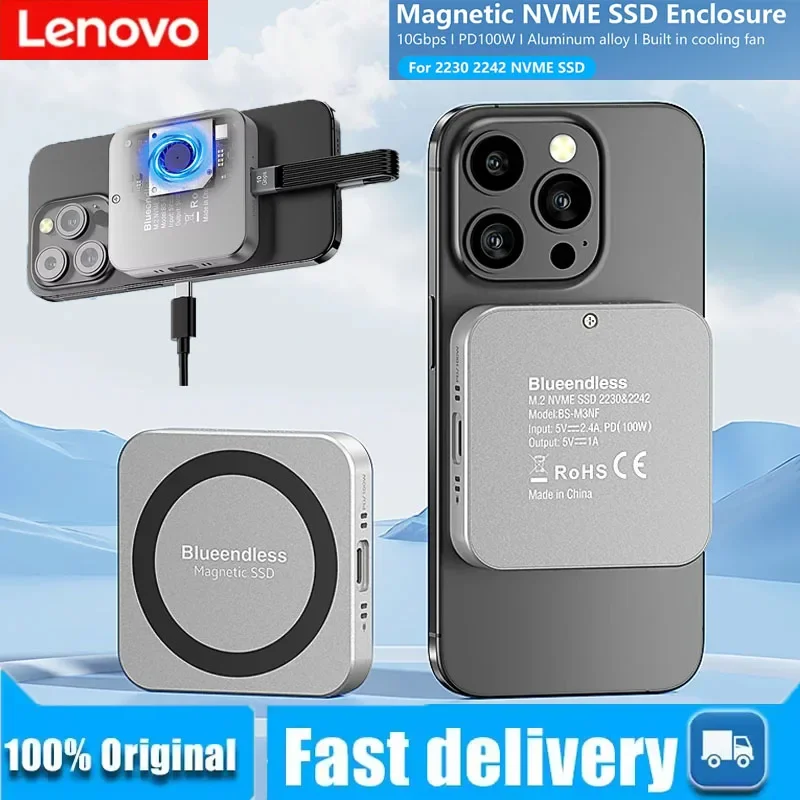 

Lenovo Magnetic M2 2230 2242 NVMe SSD Enclosure with cooling fan 100W PD charging Type C NVMe PCIE ssd case for Iphone Mac
