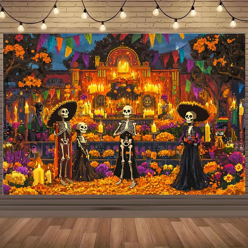 2D-Banner 1-teilig, Ringelblume mit hellen Kerzen, Tag der Toten Ambiente, Halloween- und Tag der Toten-Partydekorationen