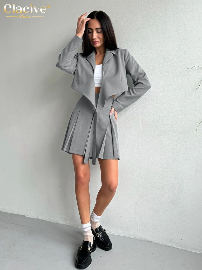 Clacive Fashion Loose Gray Women\'s Two Pieces Set 2025 Elegant Long Sleeve Lace-Up Top With High Waist Pleated Mini Skirt Set