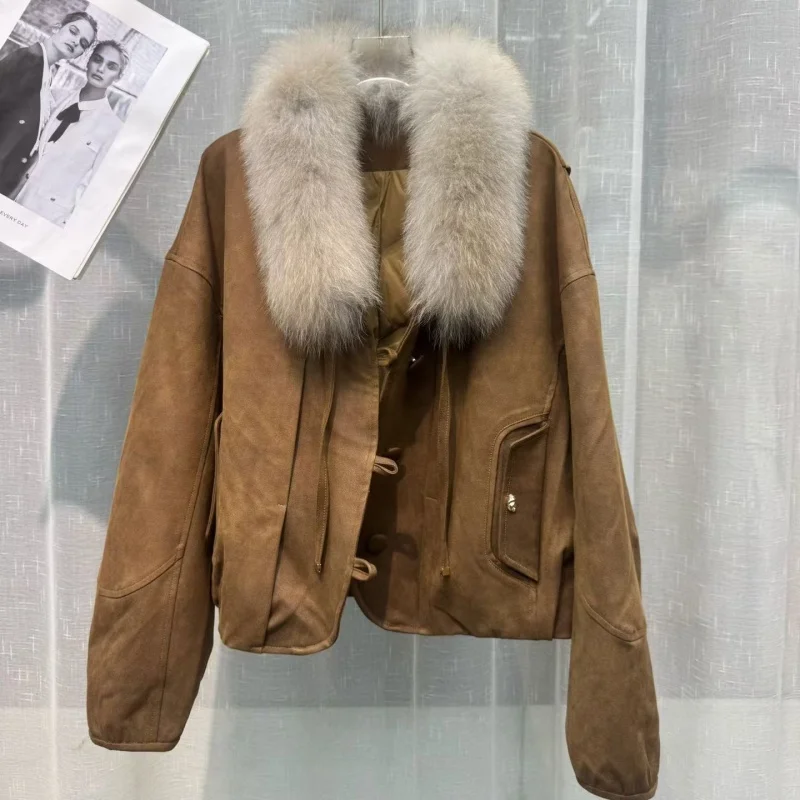 Women's Premium Short Goose Down Jacket Detachable Natural Fox Fur Collar Winter Warm Cropped Puffer Coat Fox Fur Pike Clothing