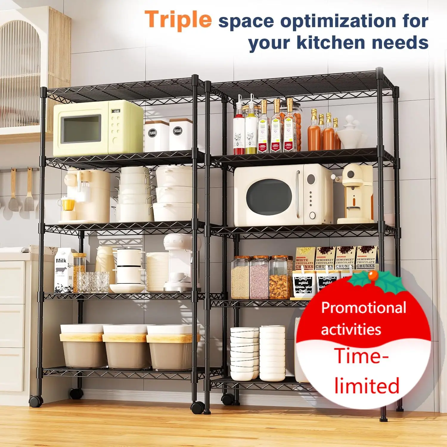

5-Tier Heavy Duty Wire Shelving Unit,35.4" Wx18 Dx71 H,Wire Shelf Racks with Wheels,Height Adjustable Storage Metal Shelves for