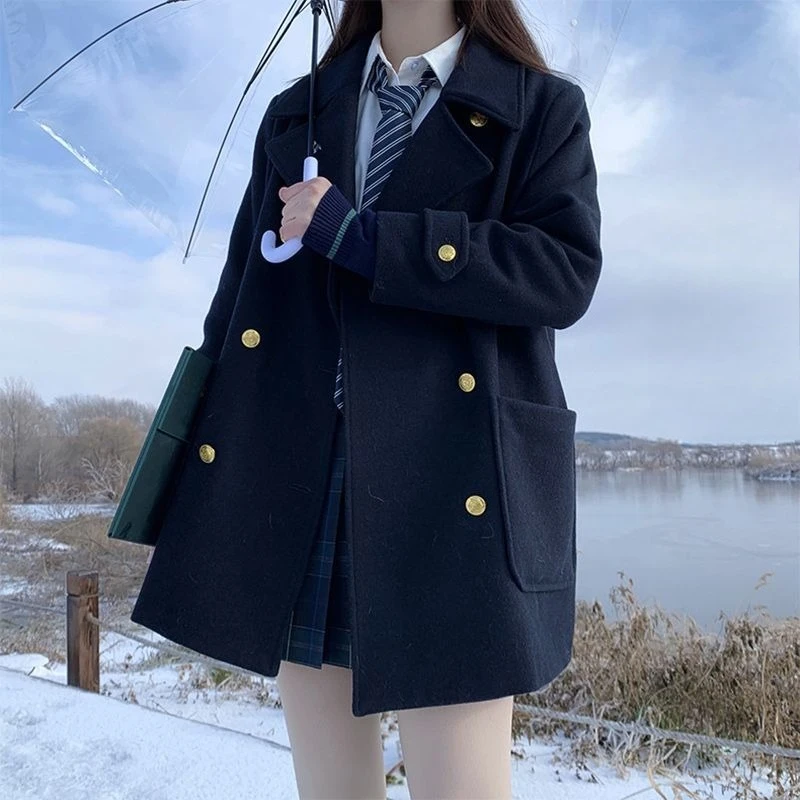2025 New Fashion JK Style Wool Coat Double Breasted Mid Length Academic Blazer for Women