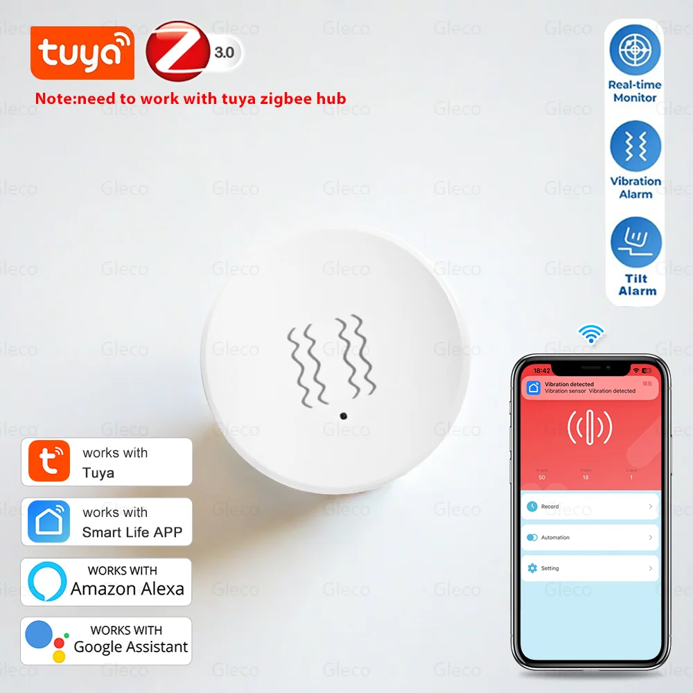 Tuya Zigbee Smart Vibration Sensor Detection Smart Life APP Real-Time Motion Shock Alarm History Record For Alexa Google Home