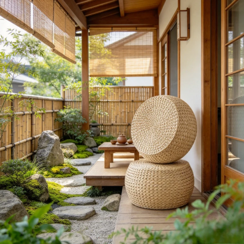 Classical Round Straw Seat for Tatami Handmade Woven Shoe Stools Window Sill Floor Ottoman Natural Reed Low Stools for Bedroom