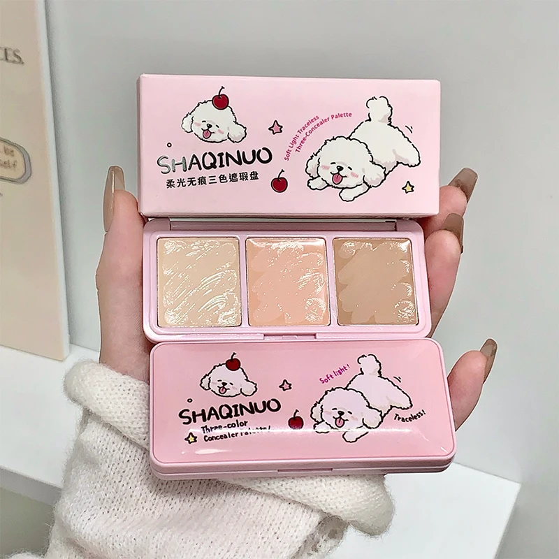 Paleta correctora de tres colores para manchas faciales, marcas de acné, pliegues nasolabiales, ojeras, bolsas para los ojos y trozos de rasgado.