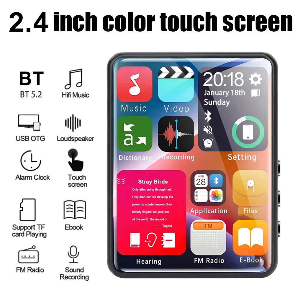 New MP3 Player Bluetooth 5.2 Music Player Built-in Speaker 2.4 Inch Screen Sport Walkman Video Player Support FM E-book Recorder