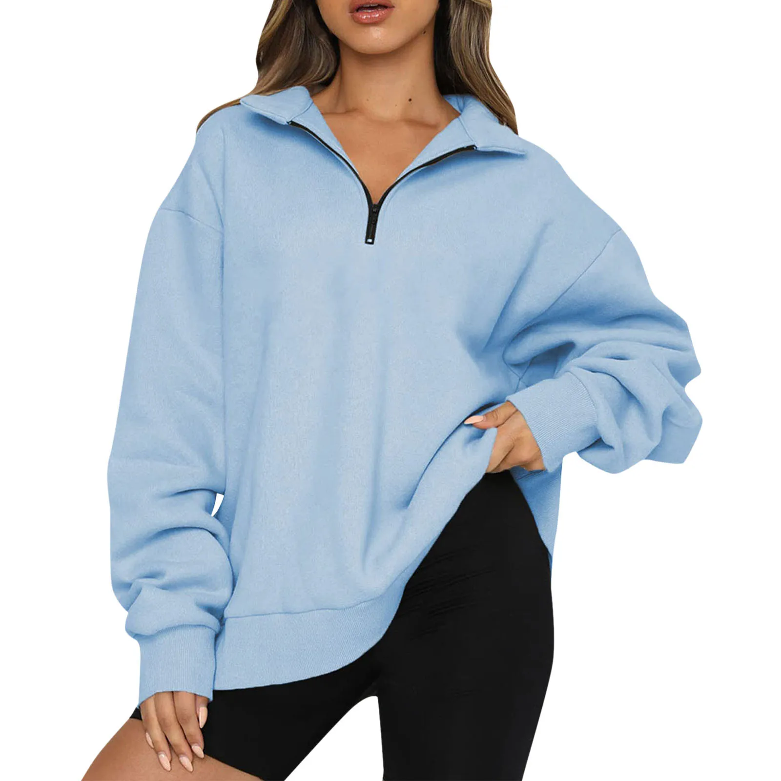 

Autumn Solid Color Sweatshirt Womens Casual Long Sleeve Half Zip Drop Shoulder Quarter 1/4 Zipper Pullover Oversized Tunic Top