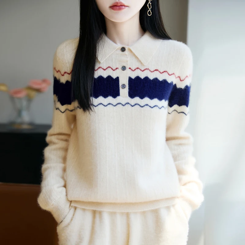 

Sweaters Woman Winter Wool Pullover Autumn Knit Stripe Top Half Open Collar Soft Loose Casual Fashion Knitted Knitwear Clothing