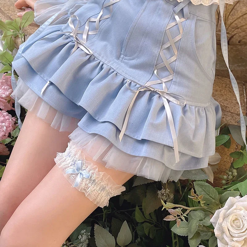 Japanese Kawaii Mini Skirt Women Summer Casual Designer Elegant Lolita Sexy Skirt High Waist Lace Bandage Y2k Sweet Skirt 2024