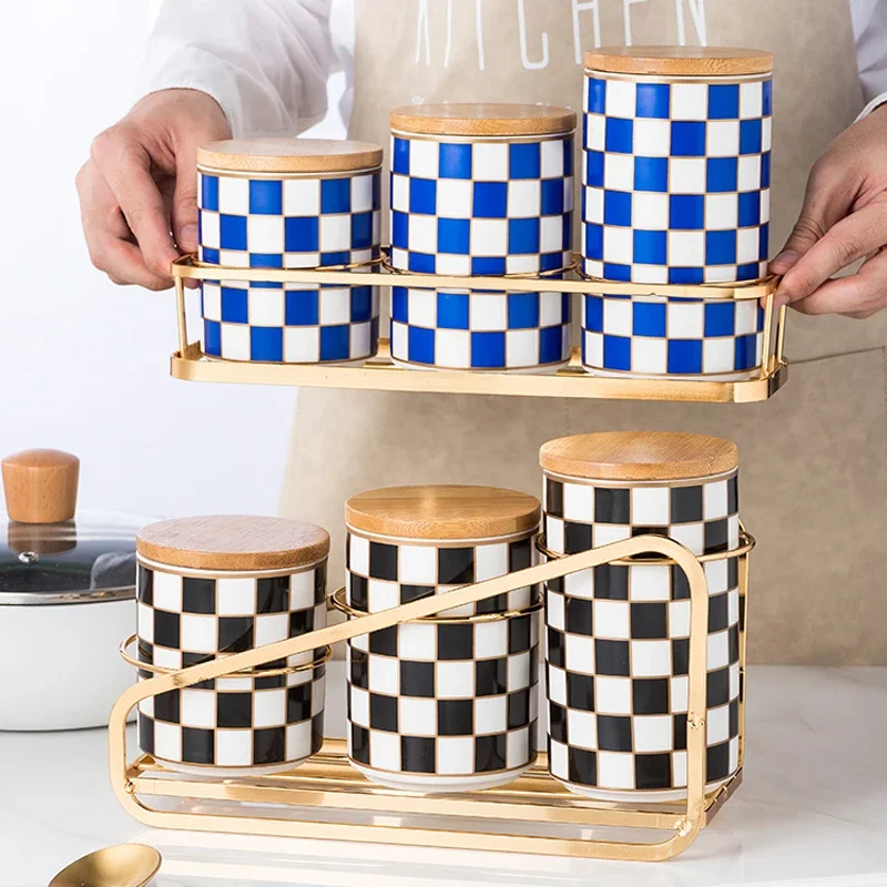 Checkerboard Sealed Tank Kitchen Storage Food-grade Ceramic Tank Box Snacks Dry Goods Tea Storage Tank Kitchen Storage Supplies