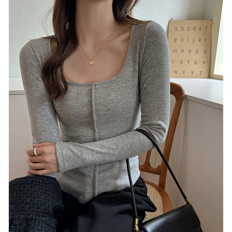 Elegante Camiseta Interior de Manga Larga para Mujer, de Cachemira Sintética Cepillada, con Efecto Reductor, Cuello Cuadrado, para Usar como Prenda Exterior