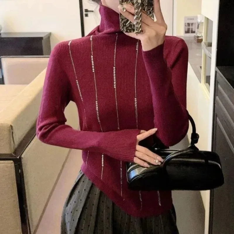 Turtleneck Woman Sweaters Diamonds Solid Autumn Winter Pullovers Korean Fashion Basics Simple Pulls Femmes