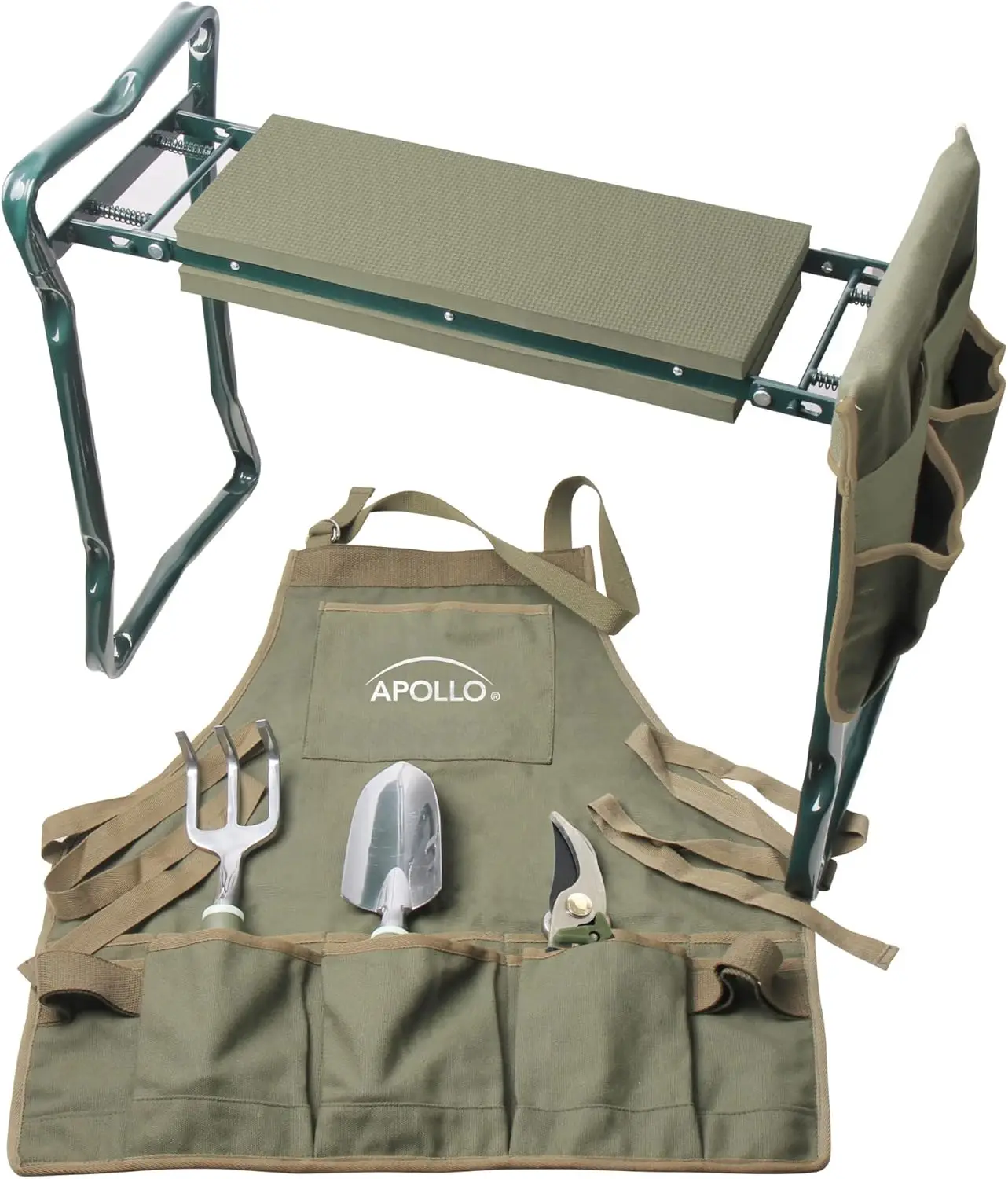 llo Tools 6 Piece Garden Set With Foldable Seat Adjustable To Kneeler Position, Washable Green Apron With Deep Pockets, And