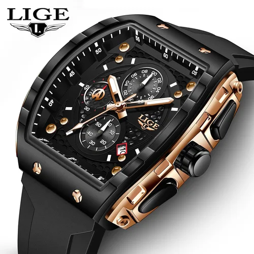 Relojes LIGE de lujo para hombre, reloj deportivo resistente al agua, correa de silicona, cronógrafo, reloj de pulsera de cuarzo, relojes masculinos + caja