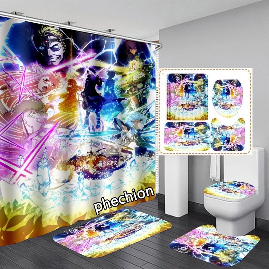 phechion Sword Art Online 3D Print Waterproof Bathroom Shower Curtain Toilet Cover Mat Non-Slip Floor Mat (1/3/4Pcs) W69