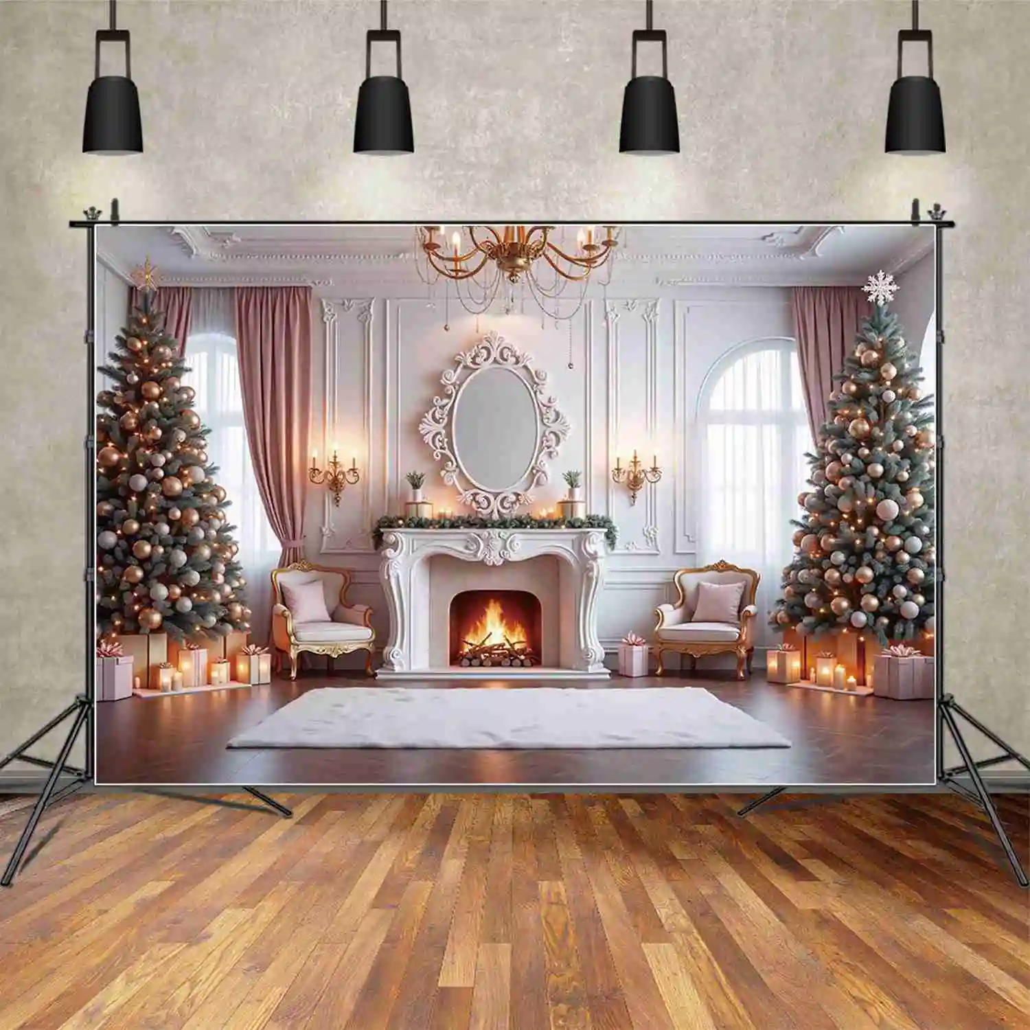 qg luxo grande árvore de natal pano de fundo neve pinho lareira fotografia fundo crianças estúdio photocall suprimentos