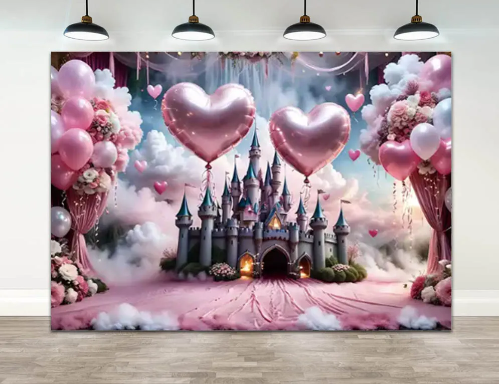 Dreamy Wedding Party Love Balloons Pink Castle Backdrops Curtain Floral Photography Girls Birthday Clouds Palace Backgrounds