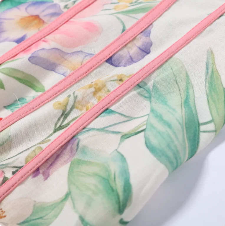 2026 Neues Boho Blumenmuster Neckholder Maxikleid für Damen Korsett-Bustier Rosa Besatz A-Linie Fließendes Sommer-Urlaubskleid für den Strand – Detail 3