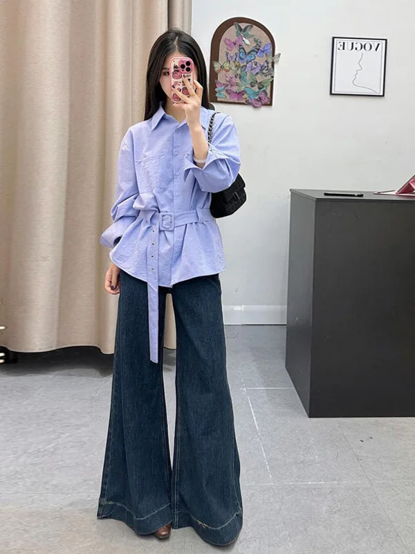 

Blue Single-Button Women's Sun Protection Shirt Casual Loose Style Polyester Fiber Long Sleeve Collar Regular Thickness