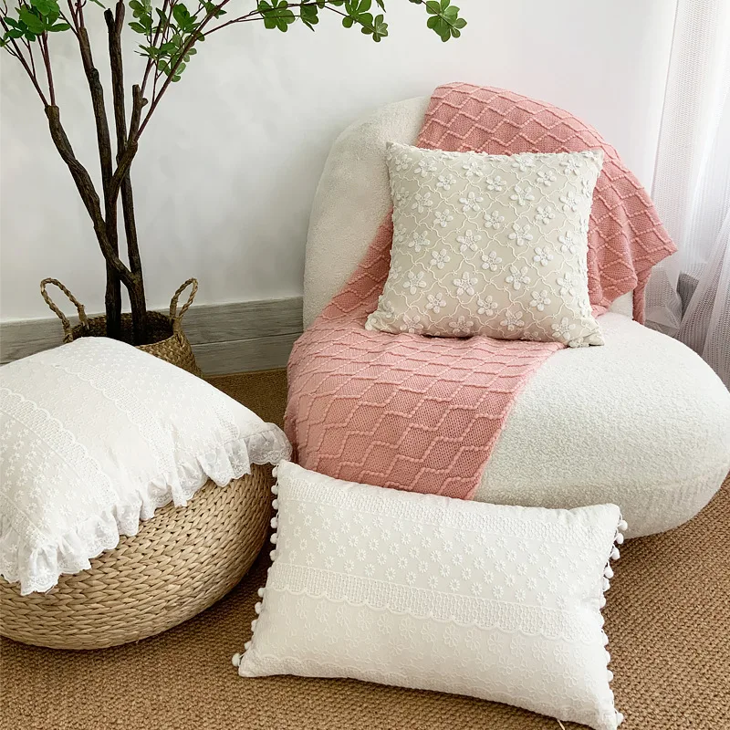 New White Embroidered Cushion Cover Ruffle Lace Decorative Pillows Cotton Linen Sofa Cushion Cover Wedding Decor Throw Pillows