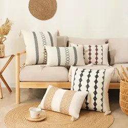 Boho Cotton and Linen Tassel Cushion Cover Geometric Woven Crochet Pillowcases Fringed Handmade Home Decoration 55x55/60x60cm