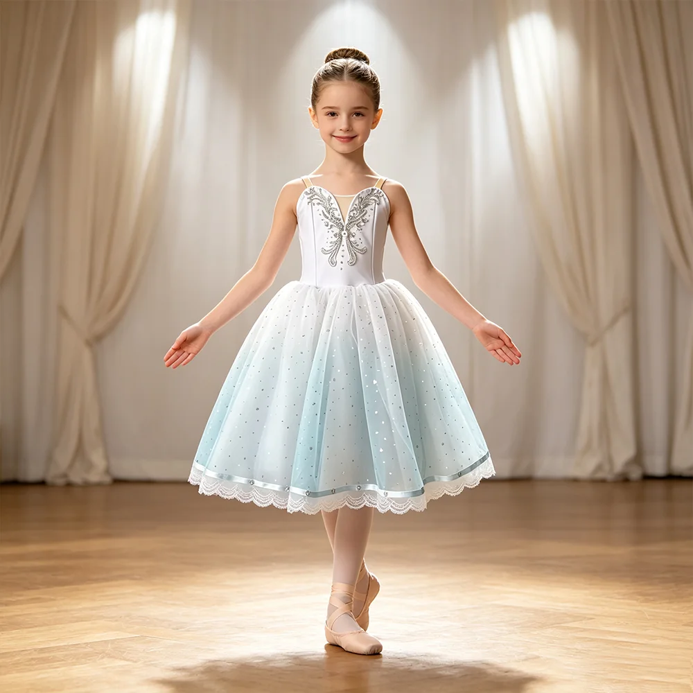 Romantic Tutu Long Ballet Dress For Girls Kids Professional Swan Lake Ballerina Dress A-Line Gauze Tulle Skirt