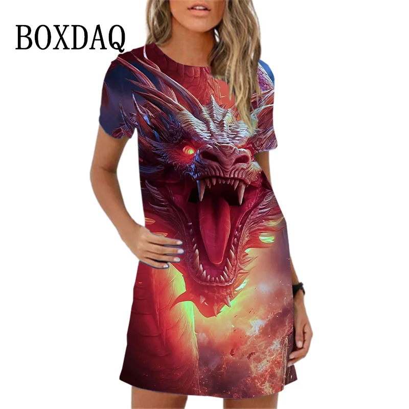 Summer Cute Cartoon Print Dress Oversize Short Sleeve O-Neck Loose Mini Dress High Street Casual 3D Dragon Pattern Women Dresses