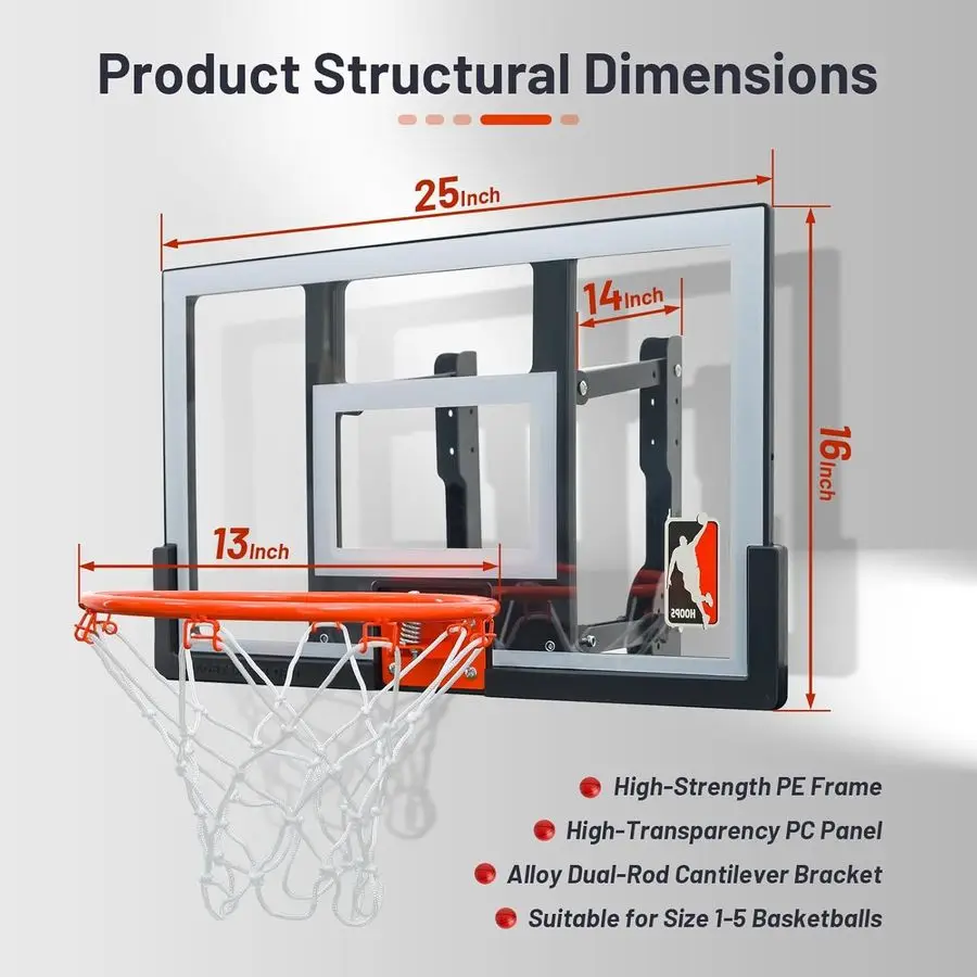 실내 농구대 25인치, 높이 조절 가능 벽걸이형 농구대, 무소음 농구 백보드 및 림, 실내 벽걸이 농구대