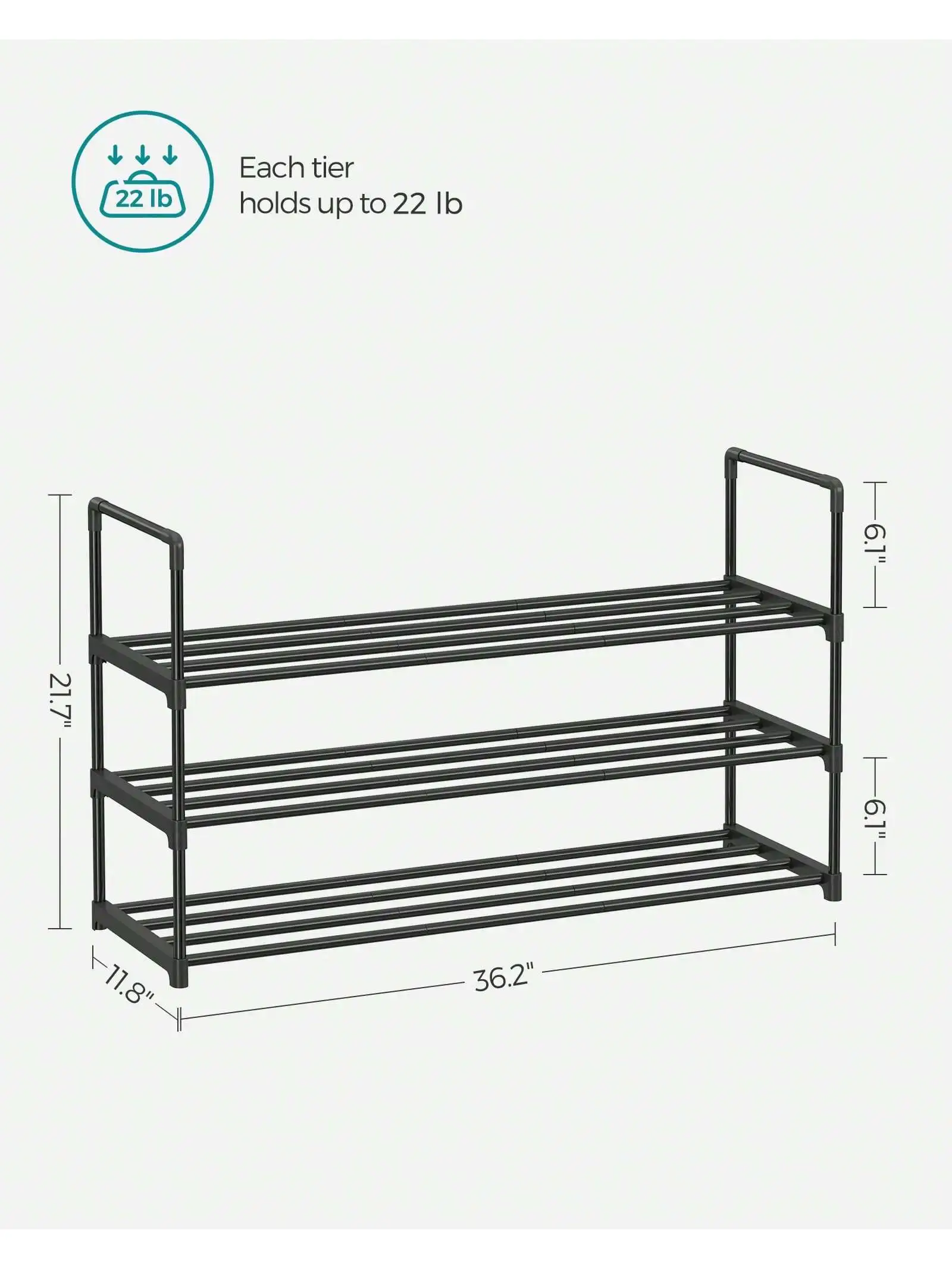 SONGMICS 3 Tier Shoe Rack, Stand Shoe Organizer, Metal Shoe Storage Shelf For 15 Pairs Of Shoes, Easy To Assemble, For Entryw