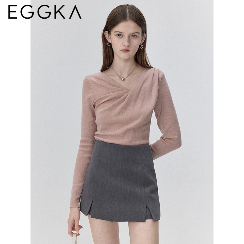 EGGKA Swing Collar Slim Knitwear Women 2024 Autumn Commuting Design Fashionable Tops Female Chic Long-sleeved Top Solid T-shirt