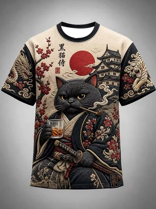 2027 Summer Men's Best-selling Japanese Samurai Culture Printed 3D Pattern Moisture-Wicking Family Version Casual T-Shirt Top