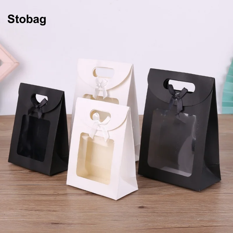 

StoBag 12pcs Black White Flipped Bow Kraft paper Gift Box with Window Packaging Candy Storage Baking Pouch Birthday Party Favor