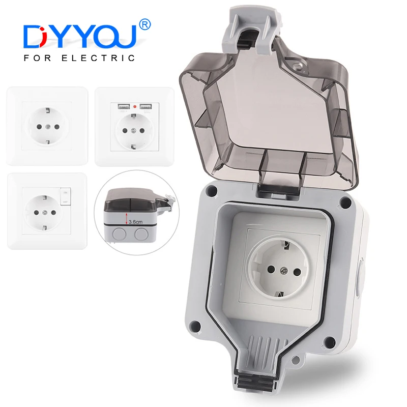 

IP66 EU Outdoor Weatherproof Wall Power Socket with Grounded 250V For Home Switch USB Germany Standard Waterproof Box 16A