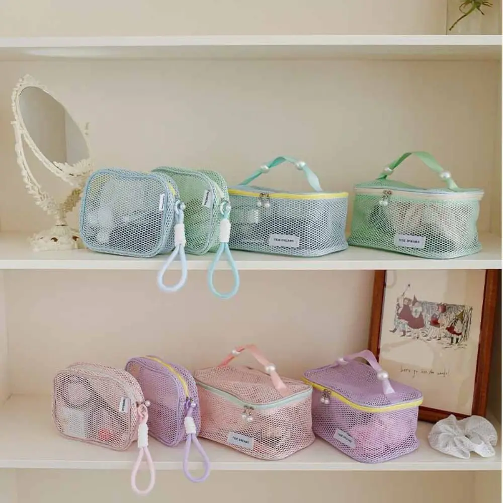 Solid Color Mesh Cosmetic Bag Zipper Storage Bag Transparent Makeup Bag Large Capacity Toiletry Bag Pillow Makeup Pouch Lady