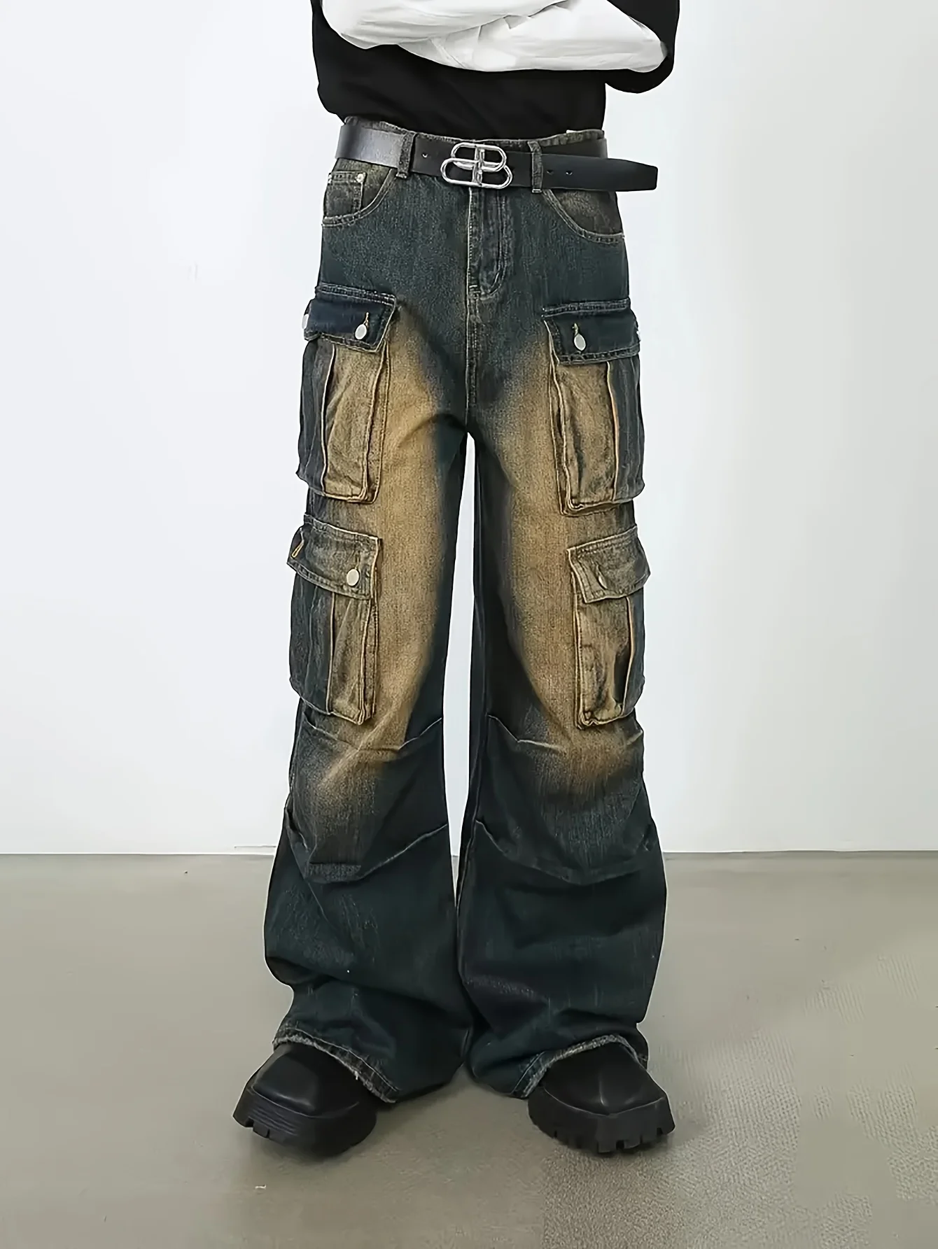 

Men's streetwear casual retro denim worn-out work pants men's jeans pants