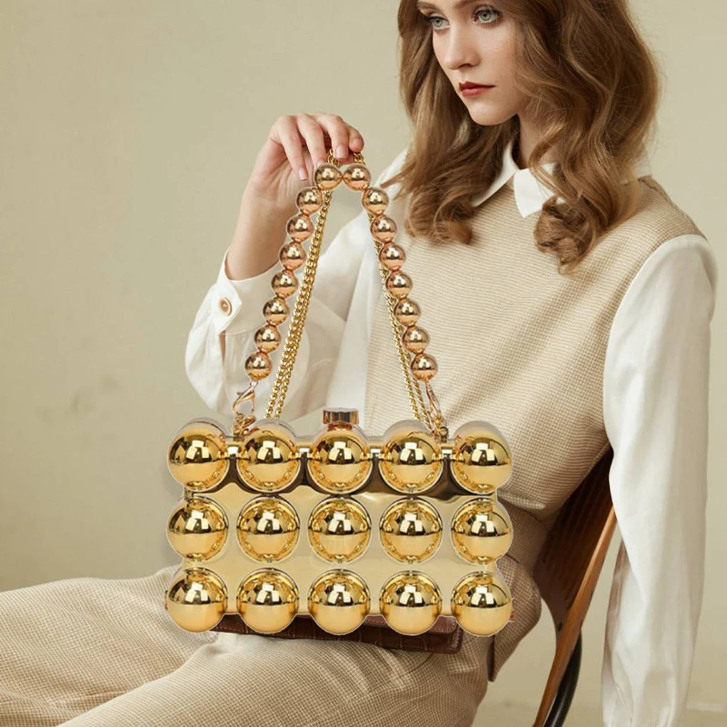 Plating Acrylic Square Clutch Handbags for Women 2024 Trendy Fashion Bubble Chain Top Handle Purse Box Crossbody Shoulder Bags