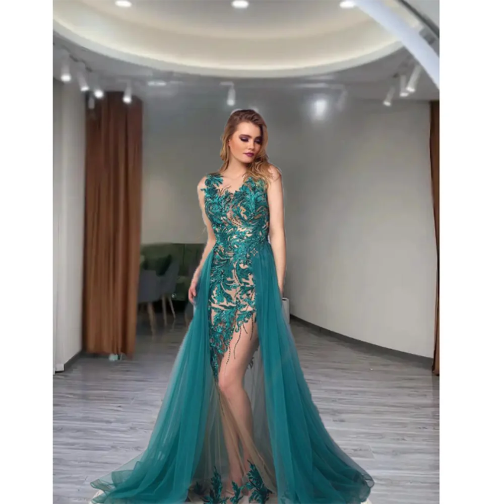 

Luxury Blue Evening Party Dresses Floor Length A-Line Illusion Appliques Spaghetti Strap Elegant Women Prom Banquet Gowns