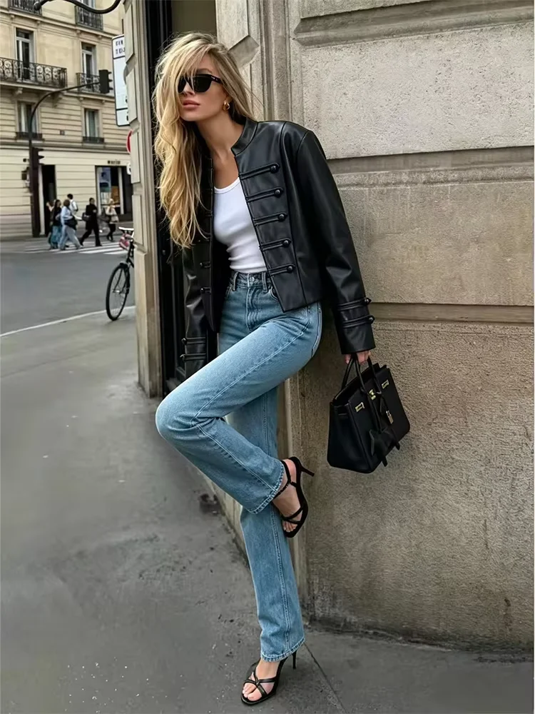 Guobioziy 2026 Fall New Women's Short Jacket with Stand Collar Long Sleeves Button Decoration Street-Style Slim Fit Coat