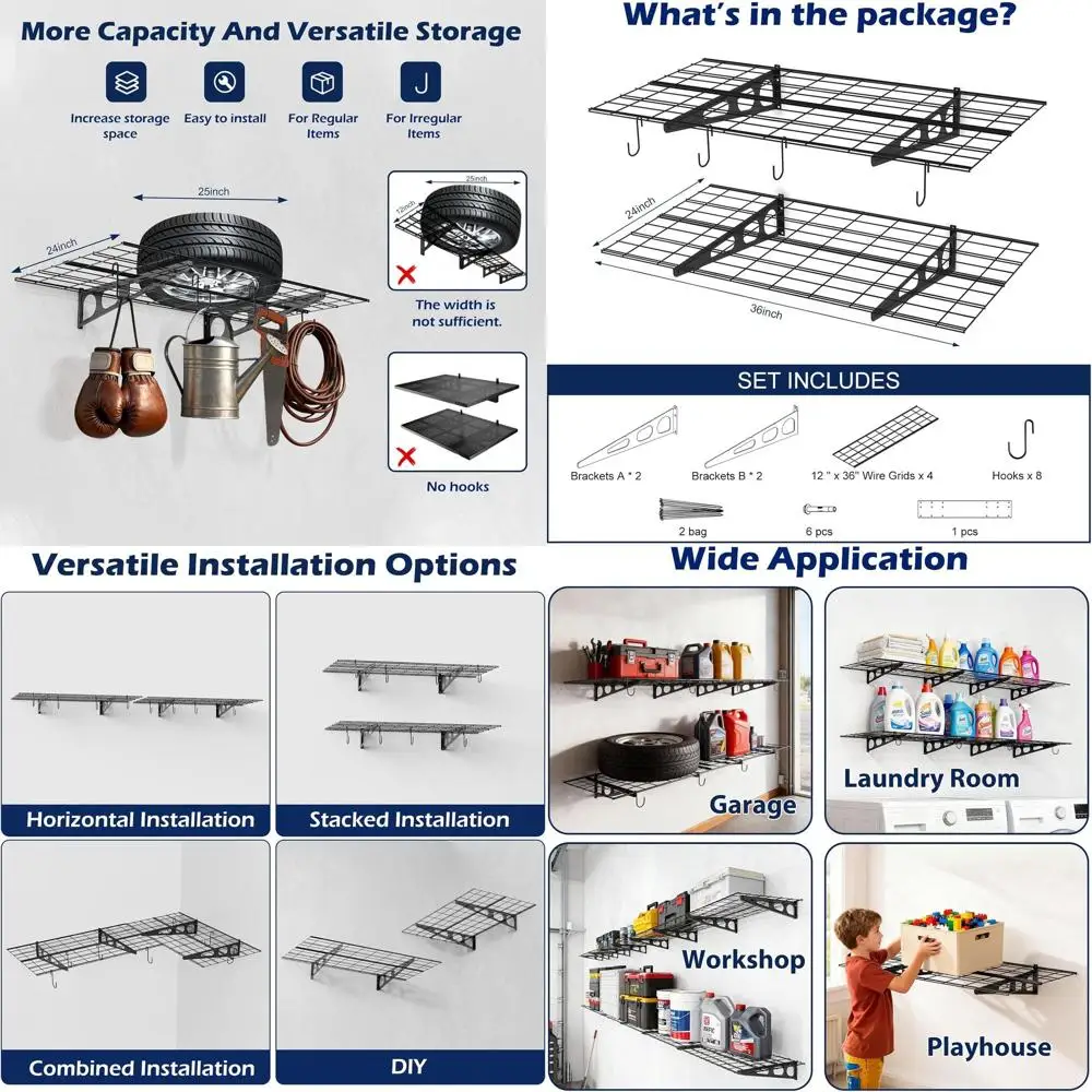 

2x3 Ft Heavy-Duty Metal Garage Shelving, 700 lbs Capacity, 24x36 Inch Wall Mount with Hooks, 2-Pack