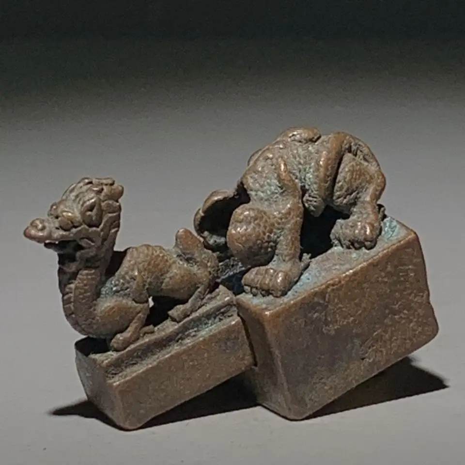 Vintage Pure Copper Qinglong Seal Four Sacred Beasts Antique Bronze Statue Old Collection