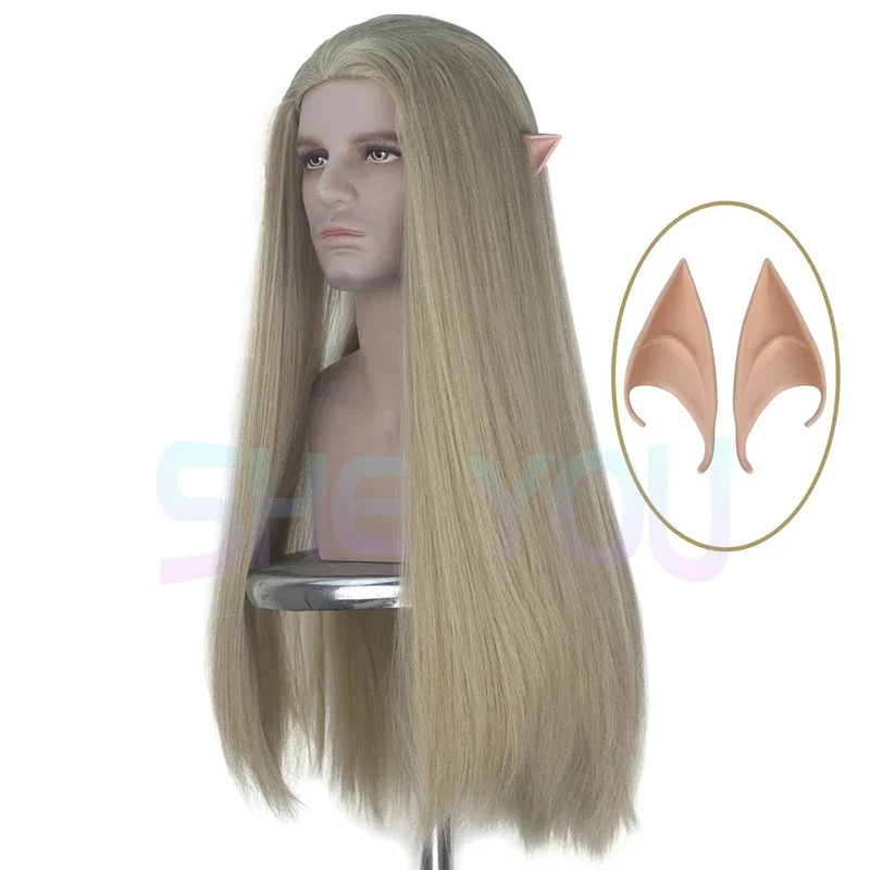 Thranduil Long Straight  Hair Cosplay Costume Wig Heat Resistant Synthetic Halloween Wigs Elf Ear Wig Cap