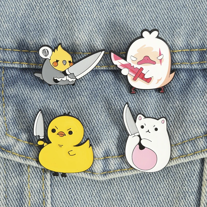 Tiermotiv-Messer-Emaille-Pins, Enten-, Papageien-, Katzen-Broschen, Abzeichen, niedlicher Cartoon-Küken-Schmuck, Geschenk für Freunde