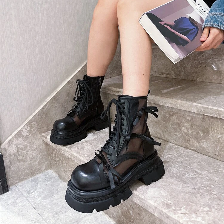 Women Fashion Platform Boots Summer Mesh Boots Bow Silver black Gothic Zipper Ankle Boots High Heels Motorcycle Boots Bota