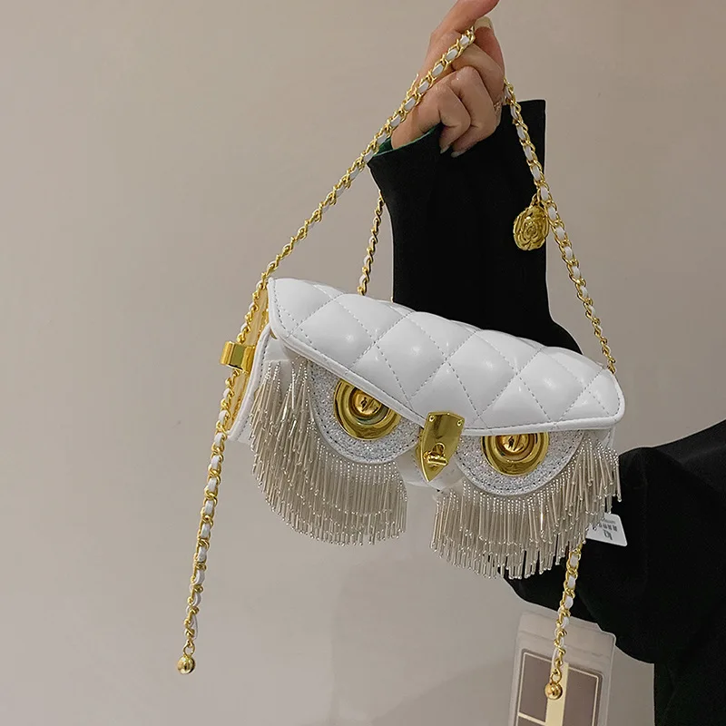 

2025 Новая женская сумка с бахромой в виде совы - круглая сумка через плечо с цилиндром и бриллиантовой цепочкой
