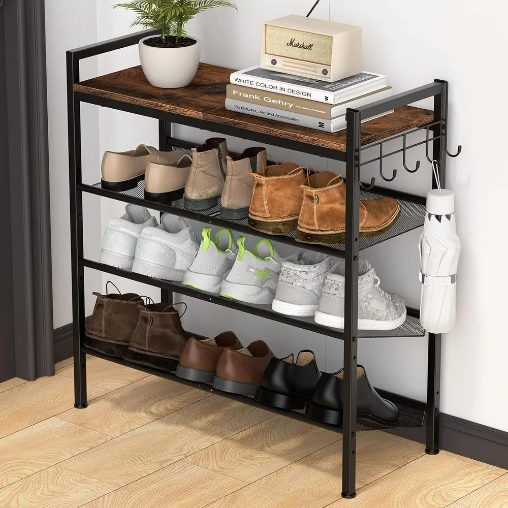 

4 Tier Height-Adjustable Metal Shoe Rack with Sturdy Wooden Top and Heavy Duty Organizer for Bathroom, Bedroom, Kitchen, Include