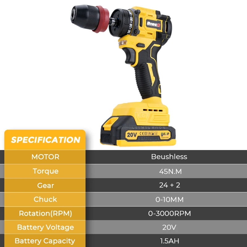 BABEQ 45NM Brushless Electric Drill Household 2 IN 1 Cordless Electric Screwdriver Drill Power Tool for Makita 18v Battery