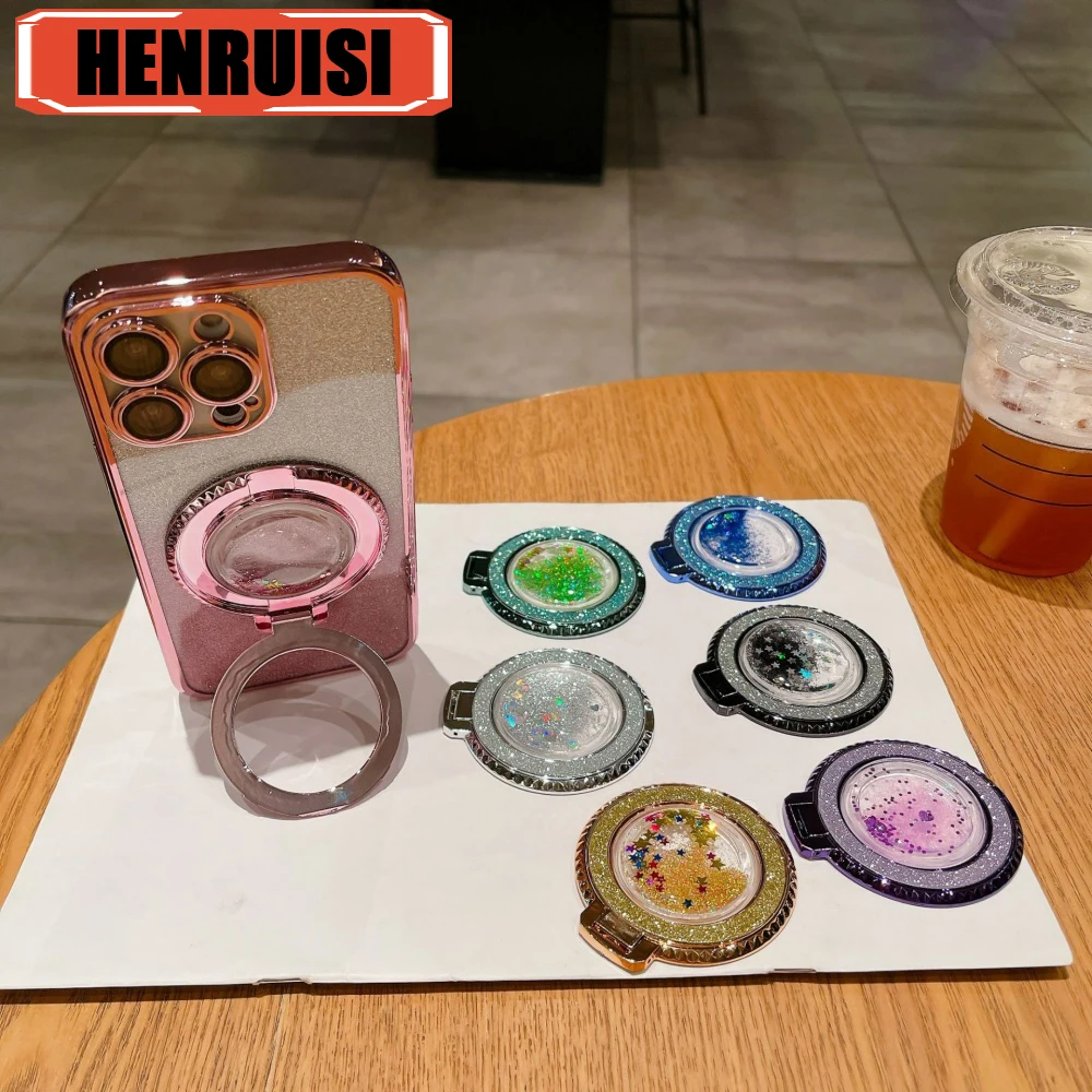 

Fashion Glitter Bling Quicksand Plating Finger Rings Holder 360 Rotating Stand Grip Mobile Phones Back Sticker Magnetic Bracket