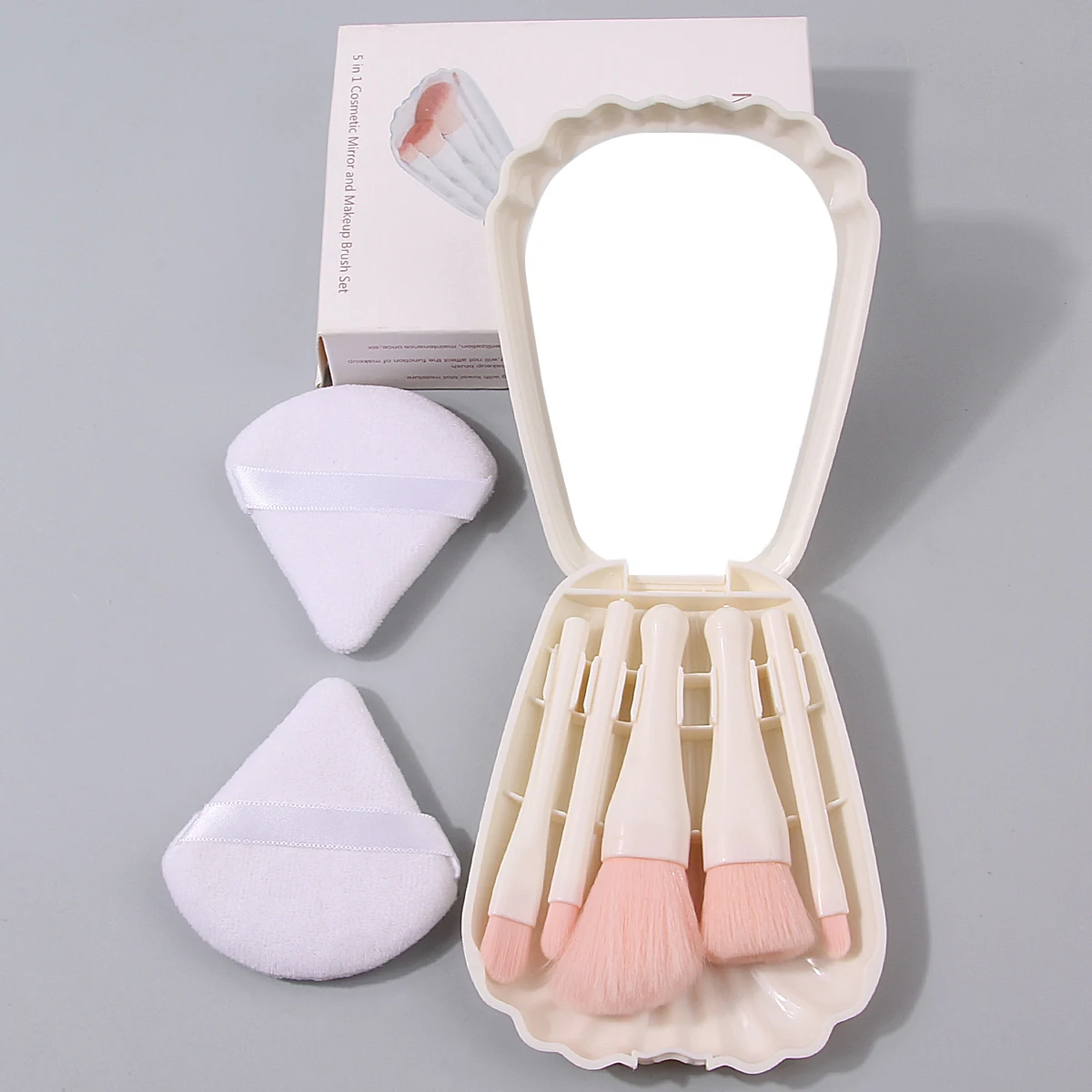 ชุดแปรงแต่งหน้าขนาดเล็กขนนุ่ม 8 ชิ้น & พัฟแป้งทรงสามเหลี่ยมนุ่ม & กล่องเก็บแปรงแต่งหน้ารูปเปลือกหอยพร้อมกระจก