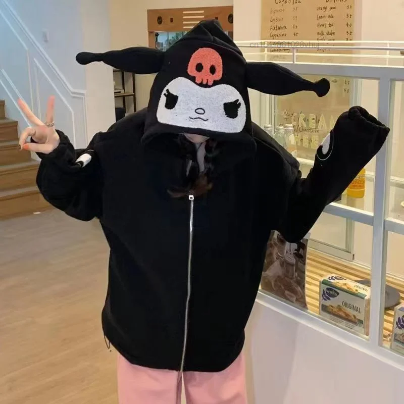 Sanrio Kuromi-Sudadera con capucha y cremallera para mujer, cárdigan de terciopelo Kawaii Y2k, abrigo de estilo Campus con cremallera, ropa gruesa