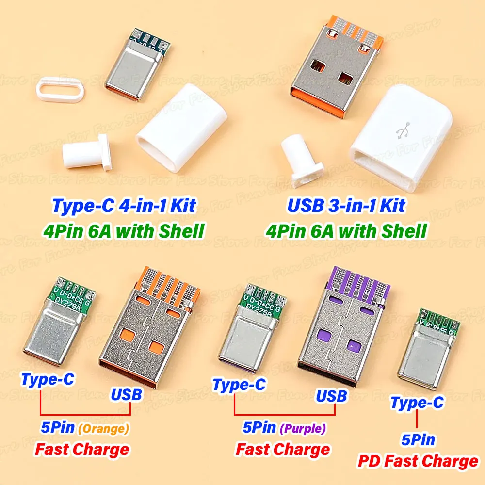 For-Fun 1Set PD Fast Charge TYPE-C Plug 5Pin USB Type-C Male Connector Welding With PCB 4Pin 6A USB-A DIY OTG Data Charge Kit